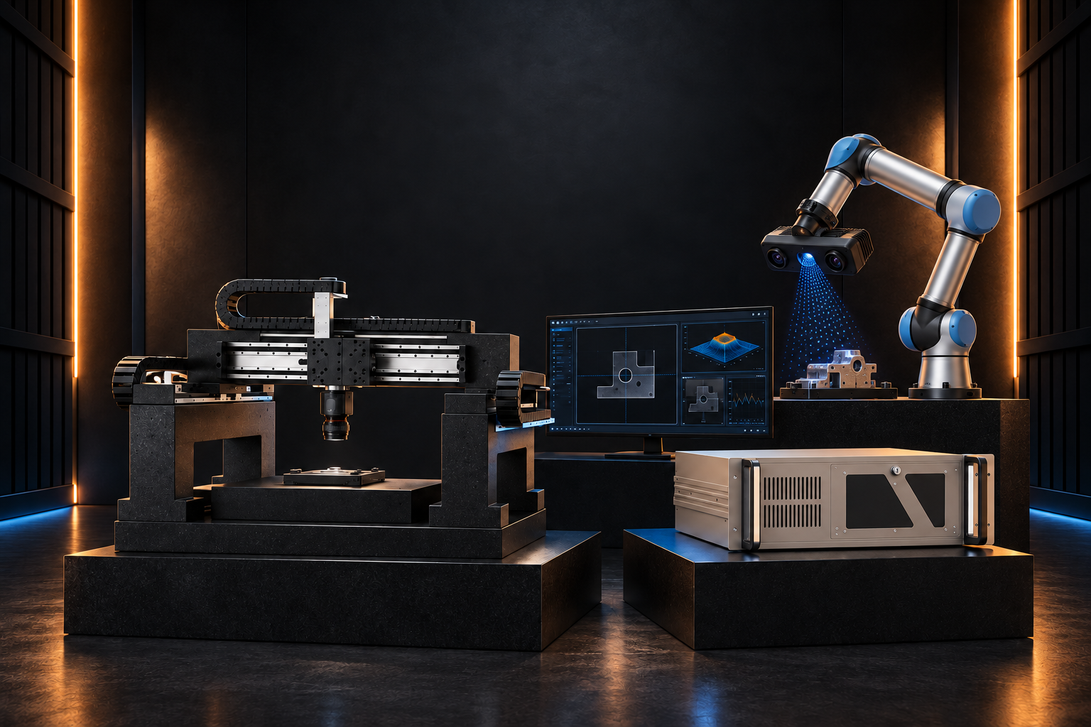 Concept visualization of a precision gantry, industrial PC, vision workstation and collaborative robot with a 3D vision scanner